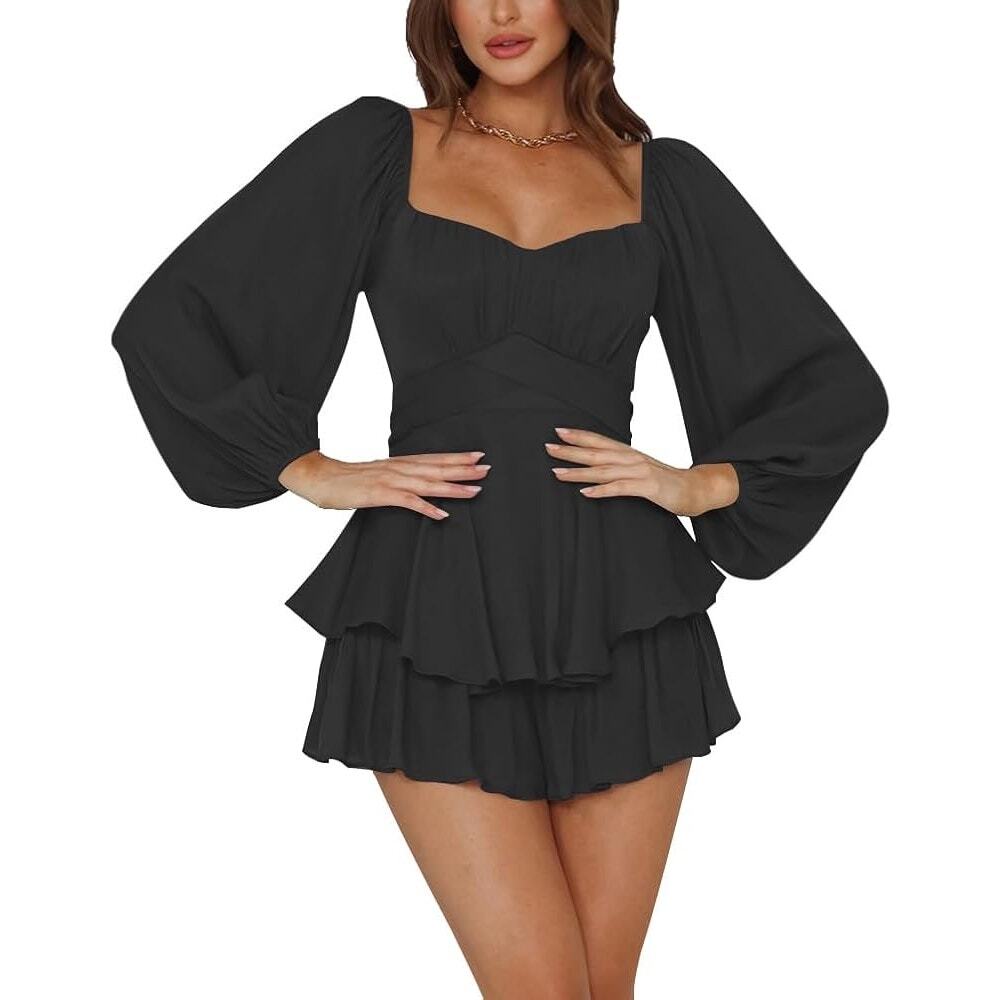 YANER Black Long Sleeve Tiered Ruffle Romper Dress XL Sweetheart Neck Balloon